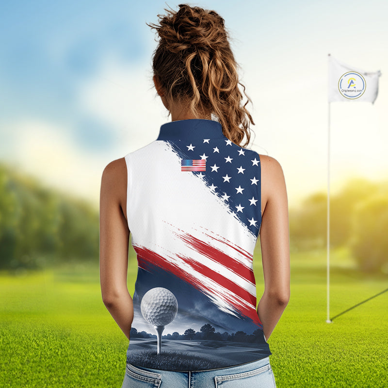 Patriotic American Flag Women's Sleeveless Golf Polo Shirt – Red White Blue Golf Apparel