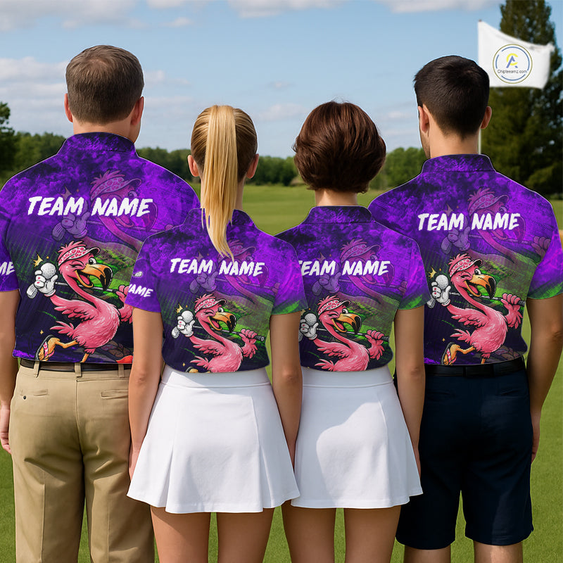 Personalized Flamingo Womens Golf Polo Shirt Custom Name And Team Purple Funny Tropical Golf Outfit NHT1238