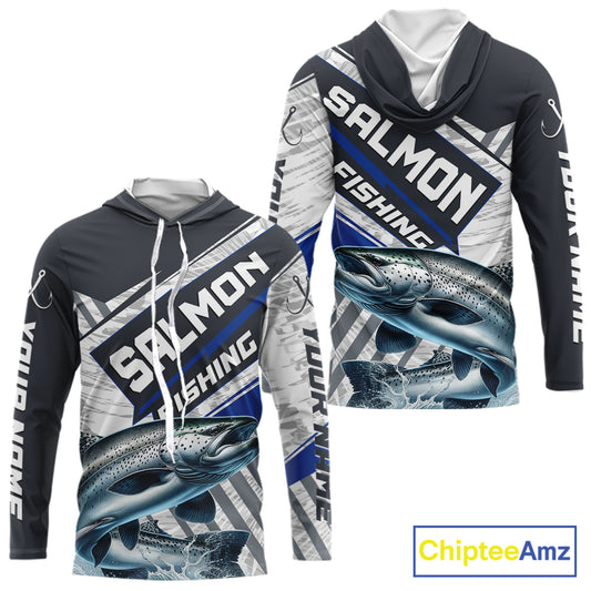 Personalized Chinook Salmon Fishing Jerseys For Fishing Team, Salmon Hooded Fishing Shirt Long Sleeve NHT921