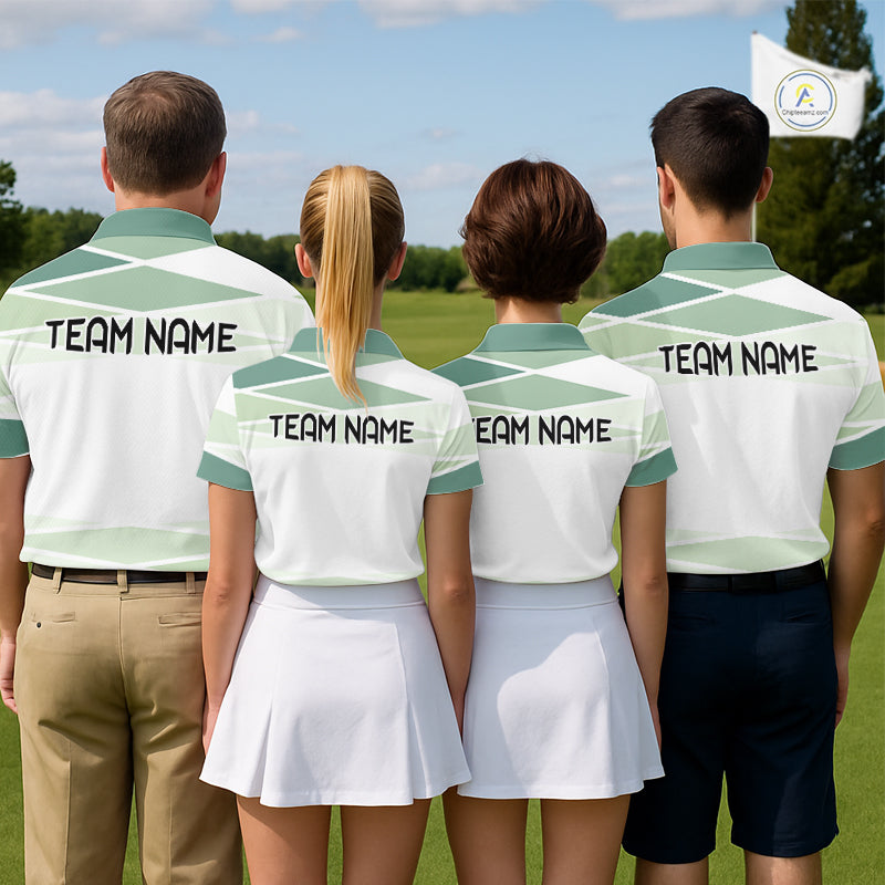 Personalized Golf Polo Shirt Custom Team Name White Green Geometric Golf Team Polo For Men NHT943