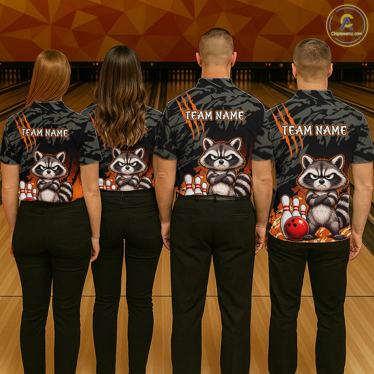 Funny Raccoon Bowling Shirt Custom Name Black Camo Orange Personalized Team Jersey For Women NHT1267