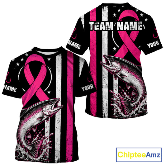 A customizable black short-sleeve t-shirt featuring a pink awareness ribbon, a leaping salmon graphic, and vertical distressed white and pink stripes. The shirt includes placeholder text 'NAME' and 'YOUR' on the sleeves, and a 'ChipteeAmz' logo is visible in the top right corner.