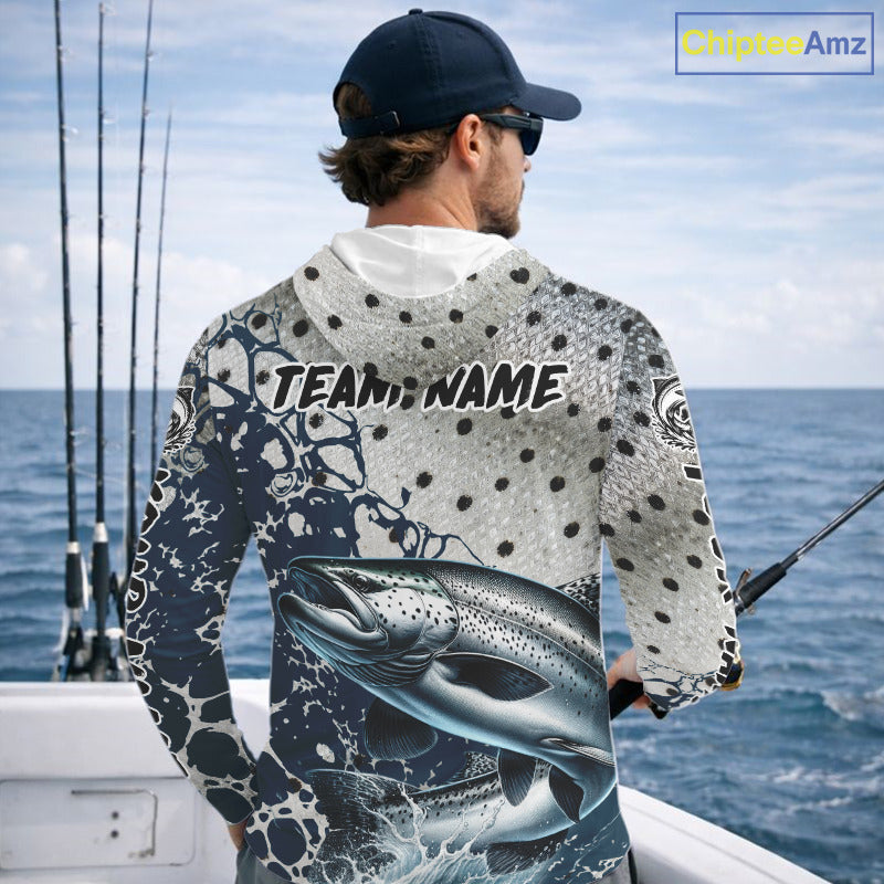 Personalized Chinook Salmon Saltwater Fishing Shirts Long Sleeve Hooded For Men, Salmon Fishing Jerseys NHT854