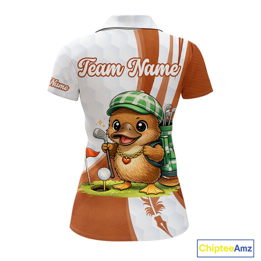 Funny Womens Golf Polo Shirt Custom Brown And White Platypus Pattern White Golf Shirts NHT576