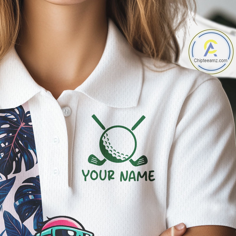Funny Flamingo Womens Golf Polo Shirts Blue Tropical Flamingo Custom Name, Golf Gifts NBT563
