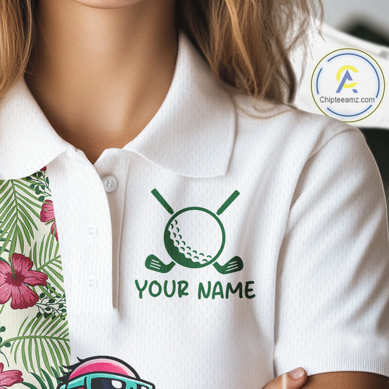 Funny Flamingo Womens Golf Polo Shirts Floral Tropical Leaf Flamingo Custom Name, Golf Gifts NBT564