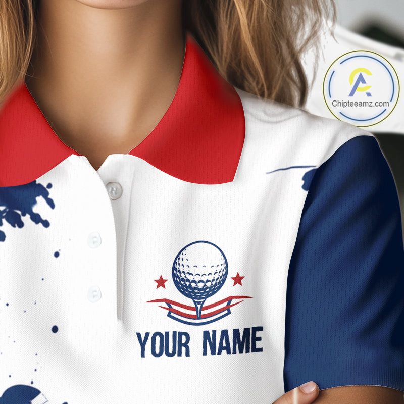Close-up of American flag patriotic graphic on womens white golf polo shirt