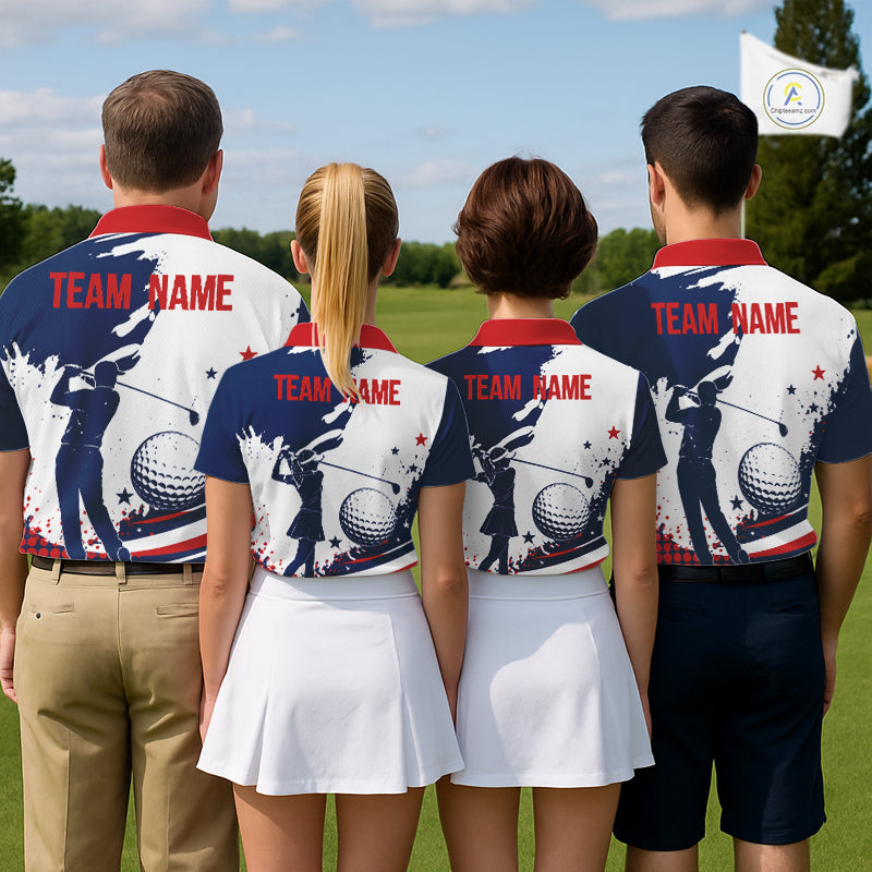Four people wearing American flag patriotic graphic on mens white golf polo shirts with team name on the back