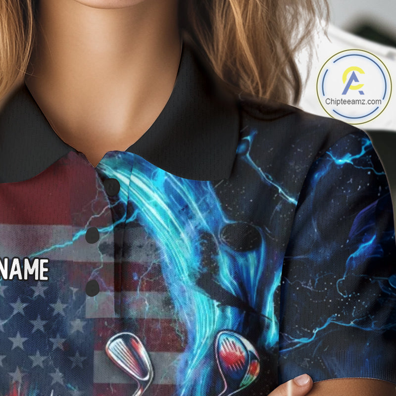 Close-up of American flag graphic on womens black golf polo shirt