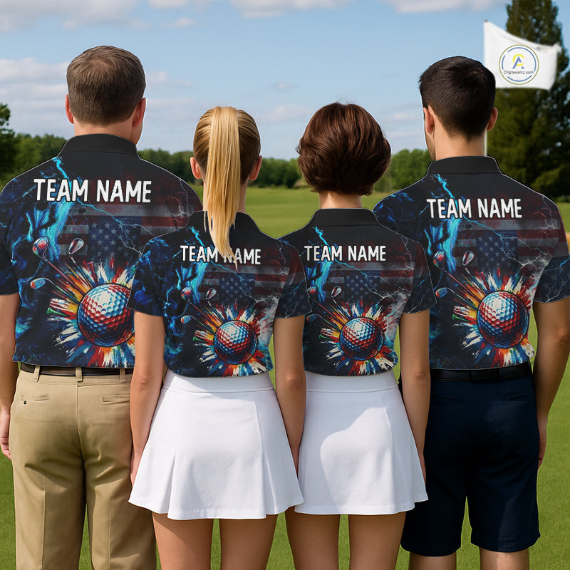 Four people wearing American flag graphic on black golf polo shirts with custom team name on a golf course.