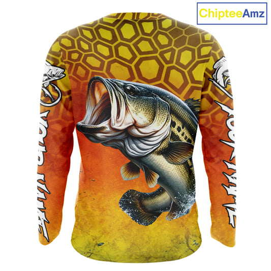 Personalized Bass Fishing Long Sleeve Fishing Shirt Yellow Camo, Bass Fishing Shirts NBT459