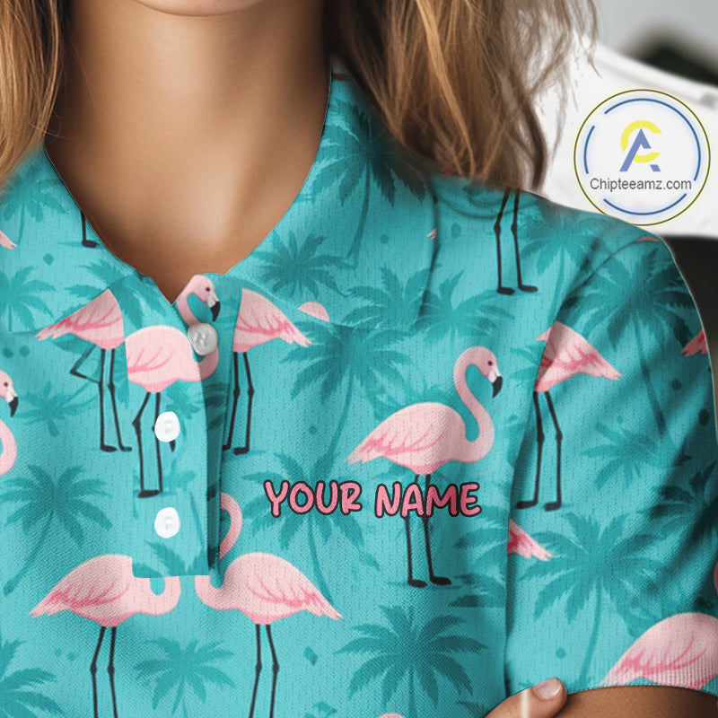 Womens Golf Polo Shirt Pink Flamingo Tropical Leaves Pattern Custom Team Flamingo Golf Polo Shirts NBT592