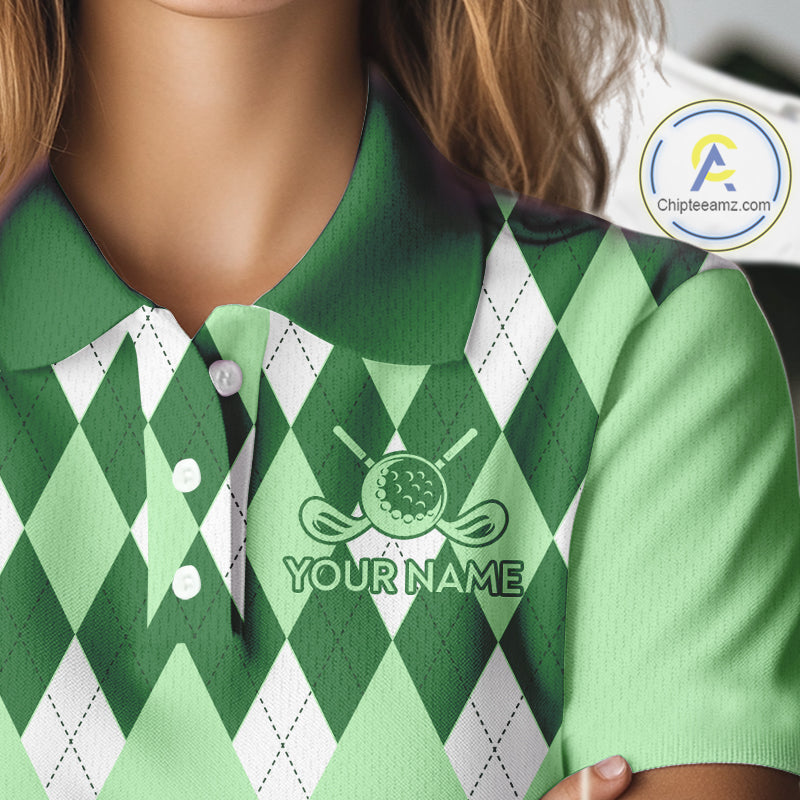 Green Argyle Plaid Pattern Womens Golf Polo Shirt Custom Golf Polo Shirt For Ladies, Golfing Gifts NBT594