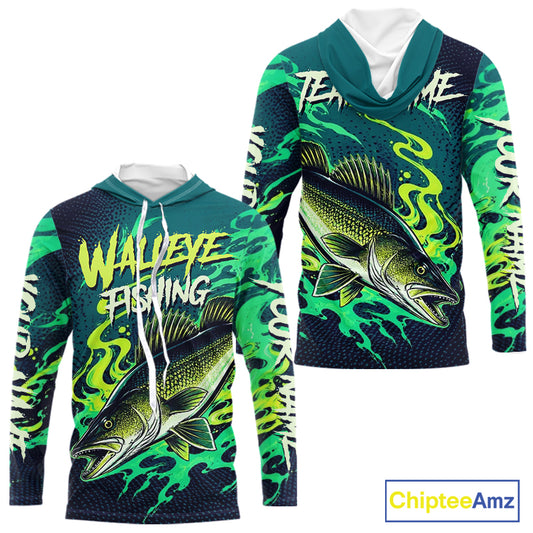 Front and back view of custom Walleye fishing green camo long sleeve hooded fishing jersey for teams