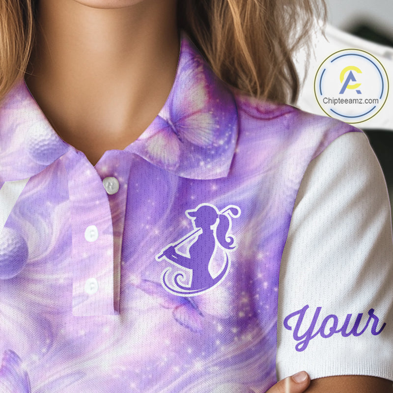 Butterfly Womens Long Sleeve Golf Polo Shirts Custom Name Floral Purple Color, Golf Gifts For Ladies NBT482