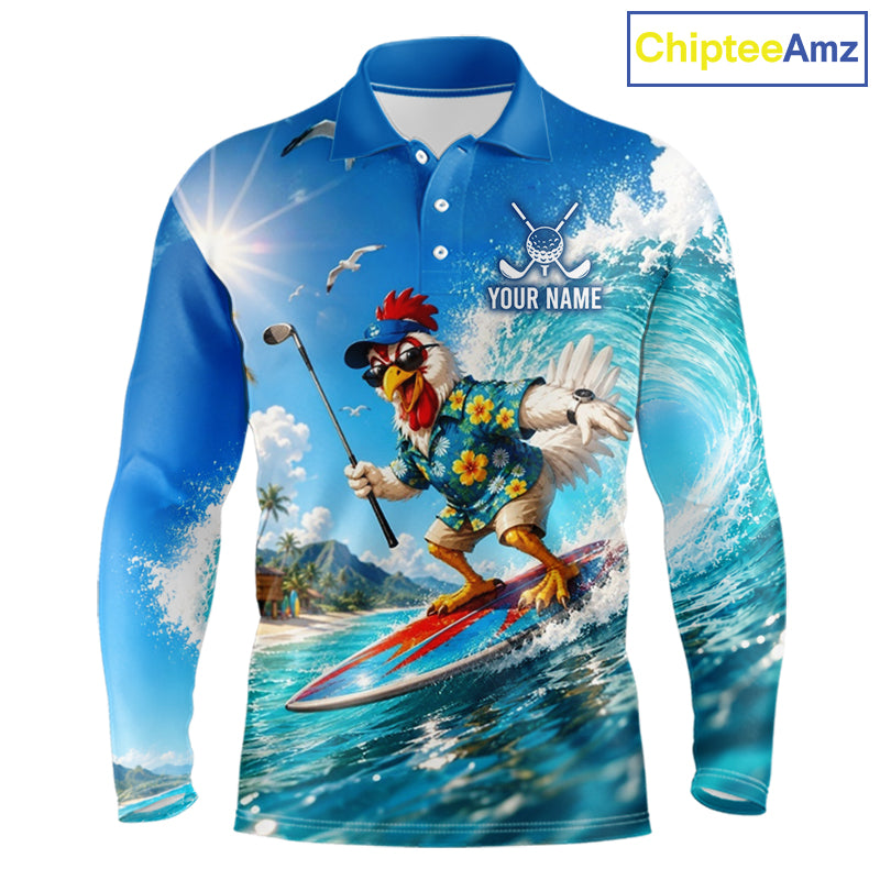 Rooster and American flag pattern on funny mens golf polo shirt