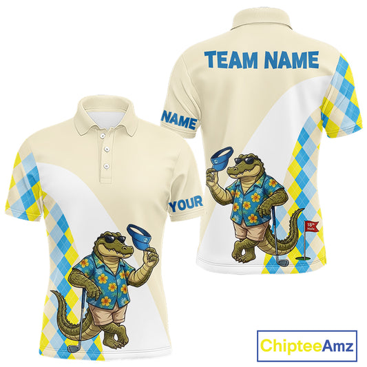 Funny alligator Hawaiian mens long sleeve golf polo shirt with argyle pattern - back view