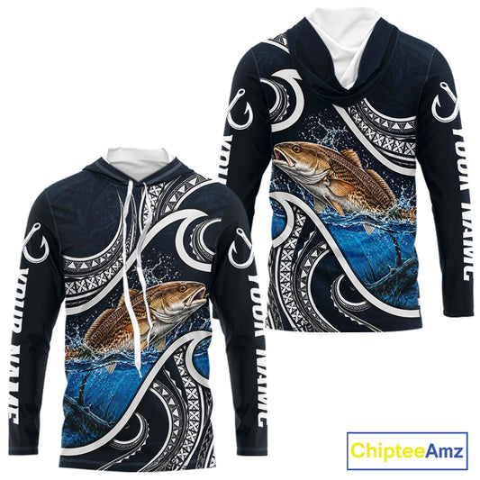 Front and back view of blue tribal pattern custom redfish long sleeve hooded fishing shirt for team anglers