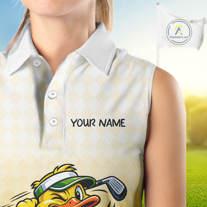 Funny Duck Sleeveless Golf Polo Shirt For Women, Cute Duck With Beer Print Shirt, Sporty Animal Golf Gift NBT516