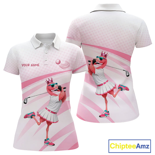 Funny Pink Flamingo Golf Polo Shirt For Women Custom Flamingo Golfer Pattern Golf Shirts, Golf Attire NBT518