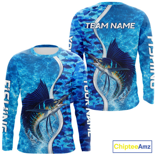 Front and back view of Sailfish fishing blue ocean camouflage performance long sleeve fishing shirt for team anglers