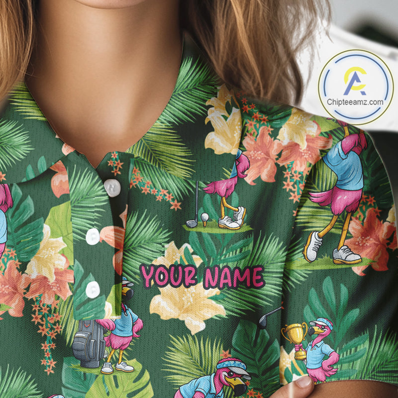 Funny Womens Golf Polo Shirt Custom Green Tropical Flower Flamingo Team Golf Shirts, Golf Gifts NBT660