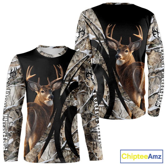 Personalized Whitetail Deer Hunting 3D All Over Printed Hoodie Winter Camo Long Sleeve for Men, Women NBT296