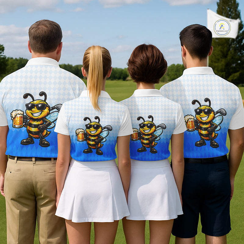 Funny Bee Golf Polo Shirt For Men, Cute Bee With Beer Print Shirt, Sporty Animal Golf Gift|Blue NBT664