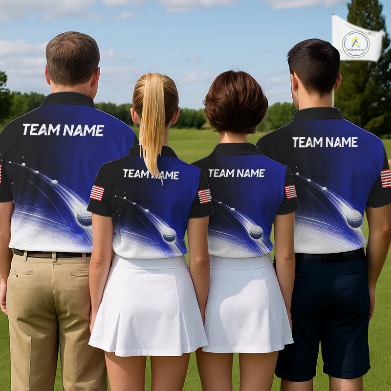 Mixed golf team wearing matching blue golf ball American flag golf polo shirts