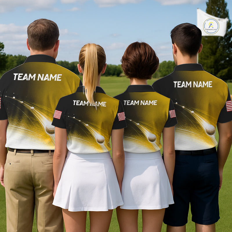 Four people wearing matching sgolf polo shirts with 'Team Name' printed on the back, standing on a golf course.