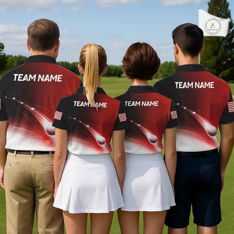 Four people wearing matching golf shirts with 'TEAM NAME' printed on the back, standing on a golf course.
