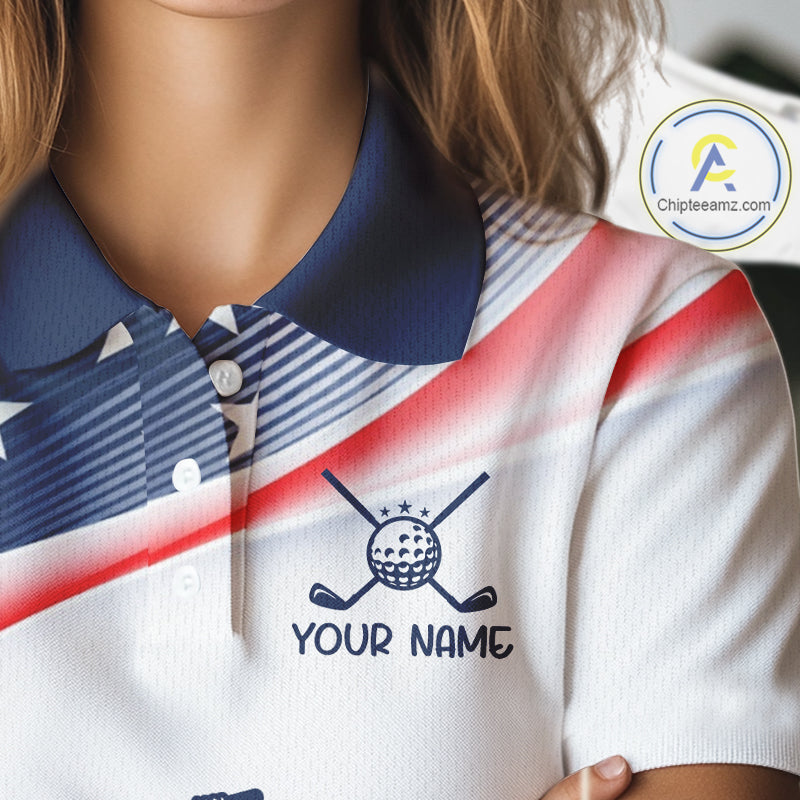 American Flag White Womens Golf Polo Shirts Custom Patriotic Womens Golf Top, Golf Gifts NBT547