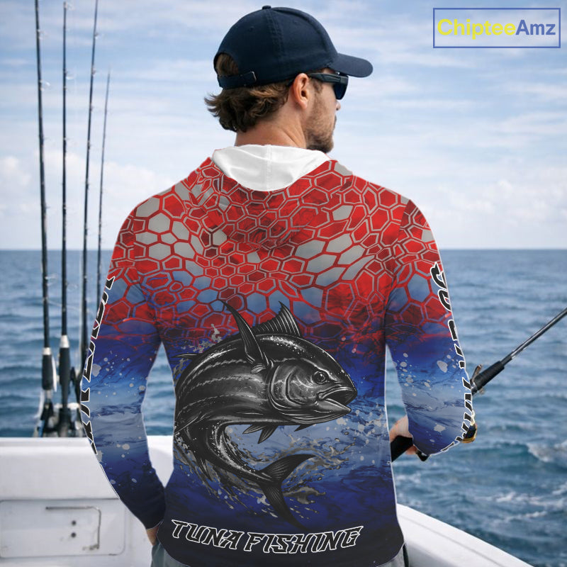 Custom Red Blue Tuna Fishing Long Sleeve Hooded Fishing Shirts, Saltwater Offshore Fishing Shirts NBT399
