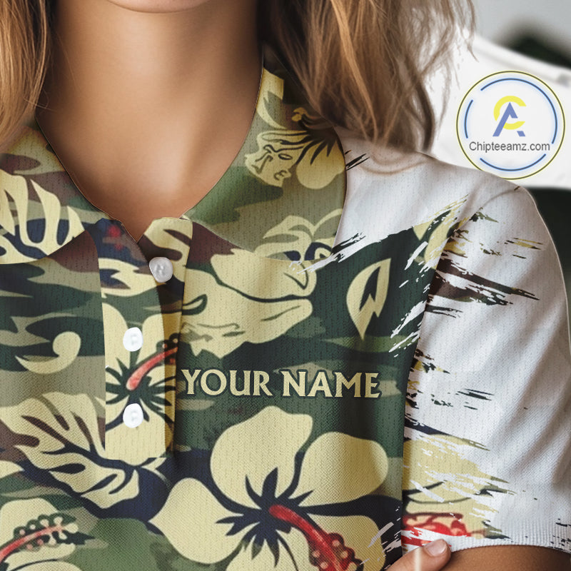 Green Camo Tropical Pattern Womens Golf Polo Shirts Custom Golf Outfit, Team Golf Shirt NBT698