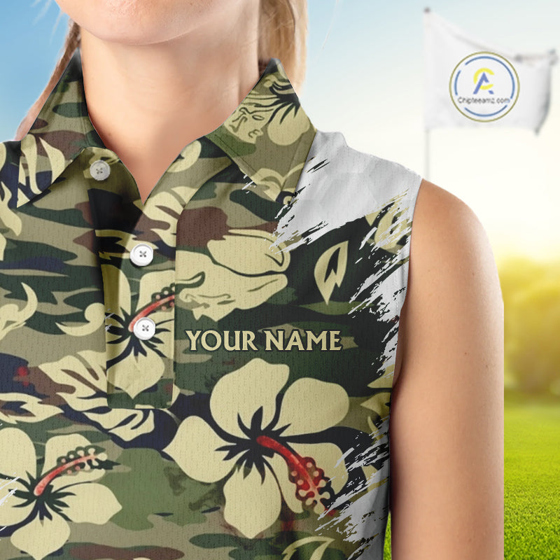 Green Camo Tropical Pattern Womens Sleeveless Golf Polo Shirts Custom Golf Outfit, Team Golf Shirt NBT698