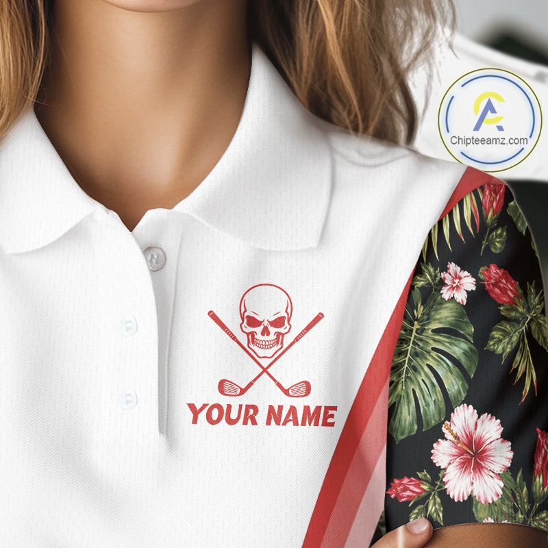 Custom Womens Golf Polo Shirts Funny Tropical Leaf Cross Skull Golf Clubs White Golf Shirt|Red NBT704