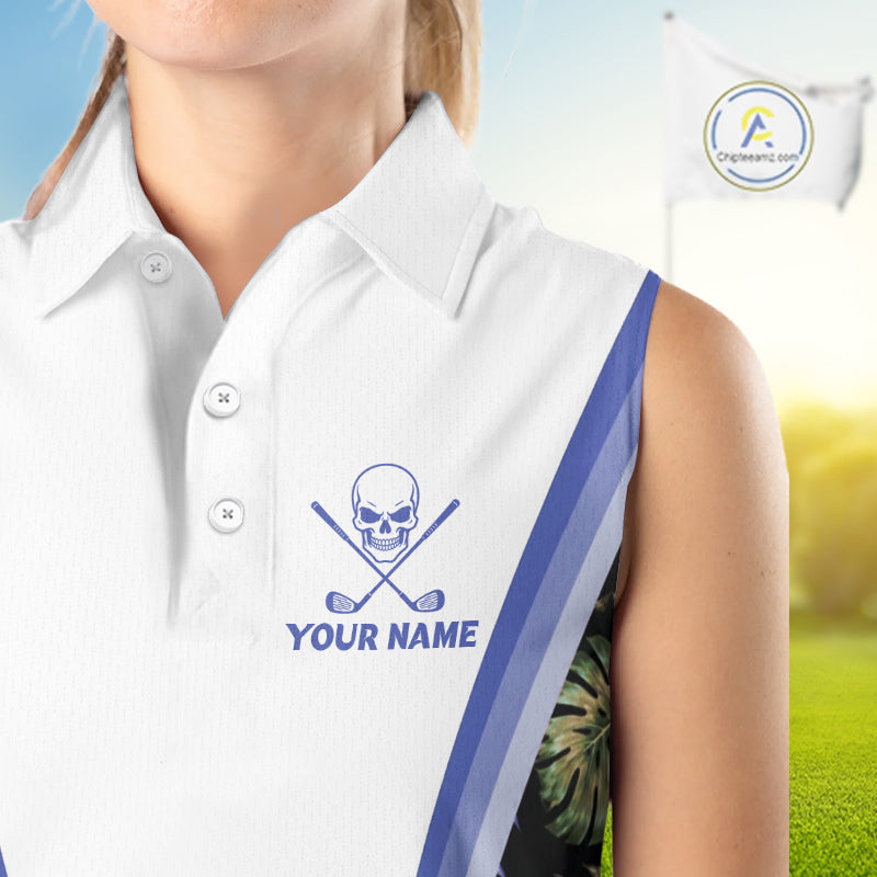 Custom Womens Sleeveless Golf Polo Shirts Funny Tropical Leaf Cross Skull Golf Clubs White Golf Shirt|Blue NBT705