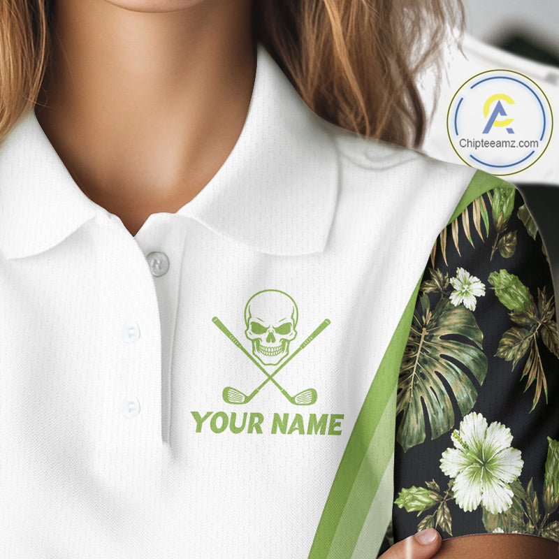 Custom Womens Golf Polo Shirts Funny Tropical Leaf Cross Skull Golf Clubs White Golf Shirt|Green NBT706