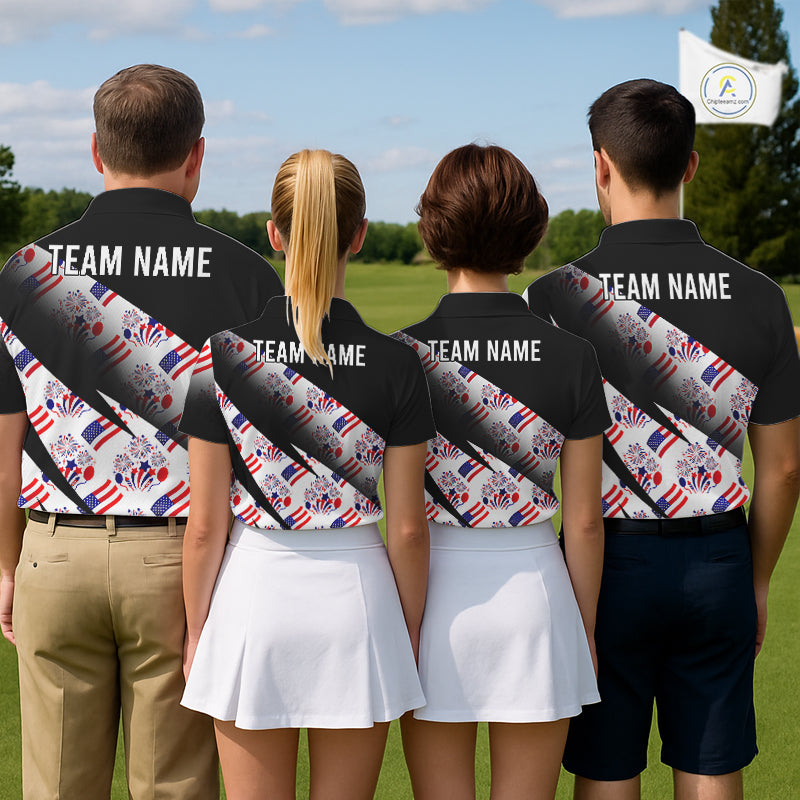 Four people wearing black shirts with 'TEAM NAME' text on the back