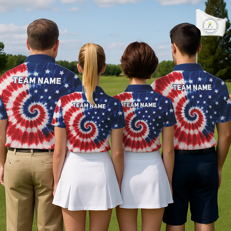 Four people wearing matching tie-dye shirts with 'TEAM NAME' on a golf course.