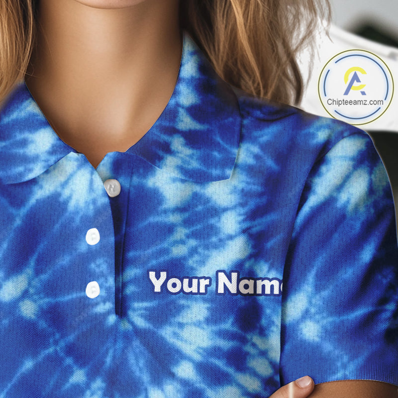 Womens Golf Polo Shirts Blue Tie Dye Background Custom Name Golf Shirt, Golf Gifts NBT569