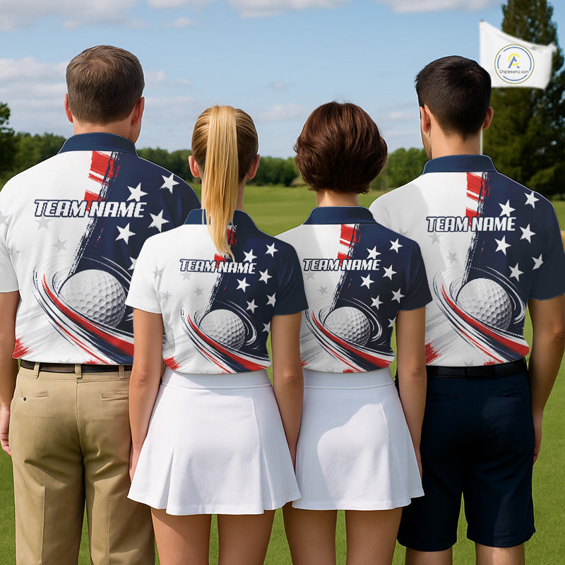 Four people wearing personalized white golf polo men shirt with American flag 4th July with 'Team Name' text on the back