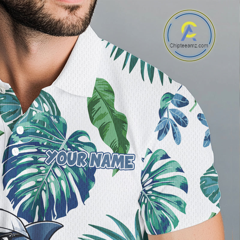 Funny Mens Golf Polo Shirt Tropical Pattern Custom Name Shark Playing Golf Shirt Funny Golf Apparel NBT715