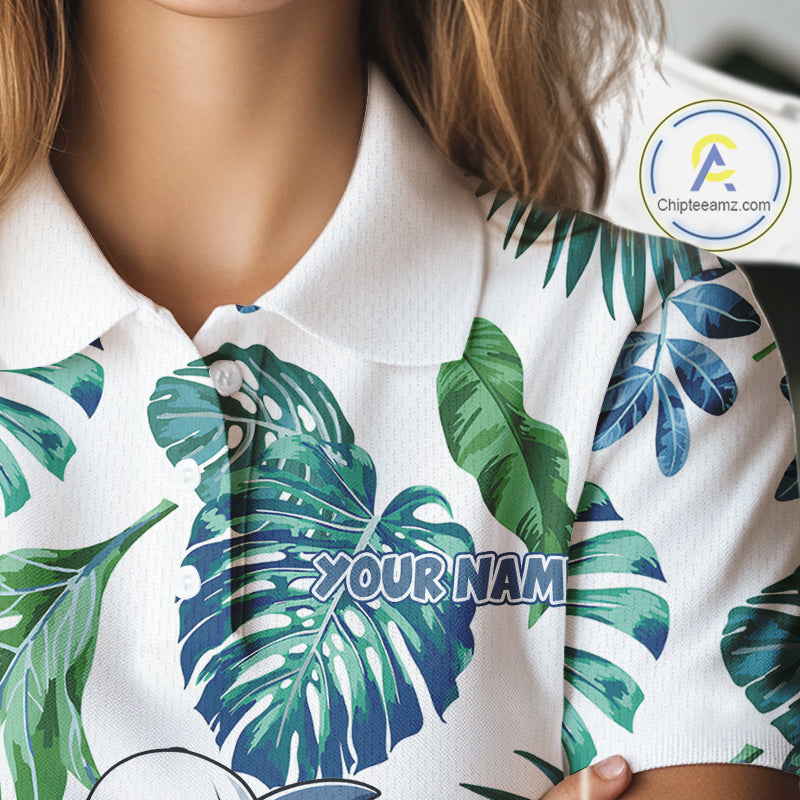 Funny Womens Golf Polo Shirt Tropical Pattern Custom Name Shark Playing Golf Shirt Funny Golf Apparel NBT715
