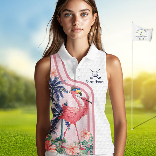 Funny Womens Sleeveless Golf Polo Shirt Custom Pink And White Tropical Flamingo Patter,White Golf Shirt NBT479