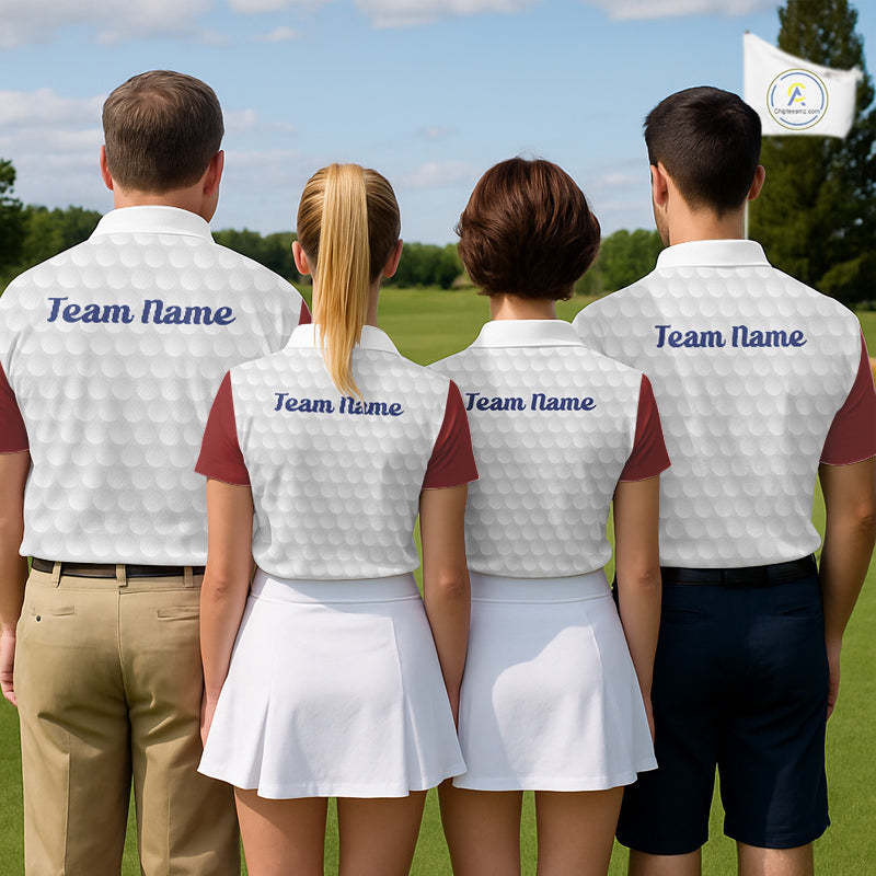 Mens golf polo shirt golf balls pattern with custom golfer name and team - back view