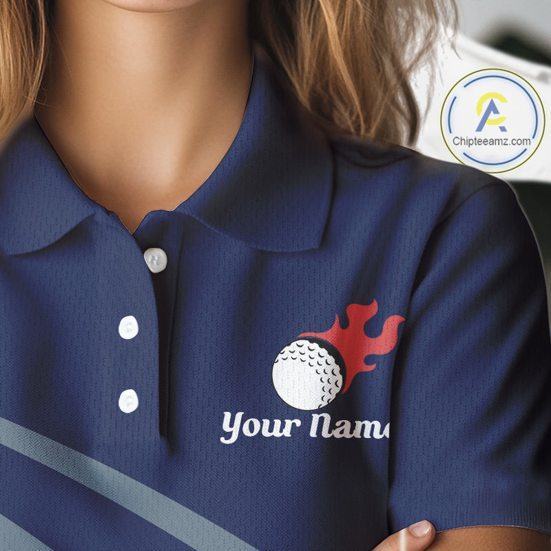 close up funny golf balls pattern on womens blue golf polo shirt for ladies