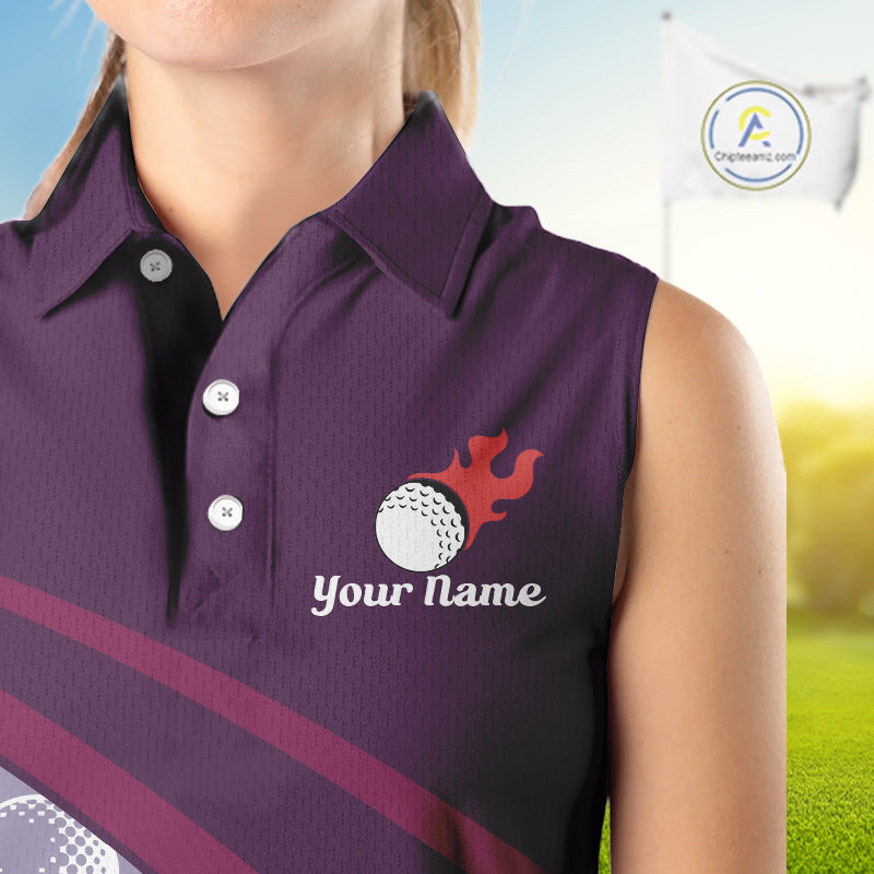 close up funny golf balls pattern on womens purple golf polo shirt for ladies