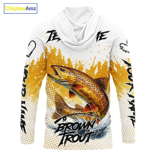 Custom Brown Trout Long Sleeve Hooded Fishing Shirts Yellow Camo Fishing Lures, Custom Fishing Jerseys NBT377