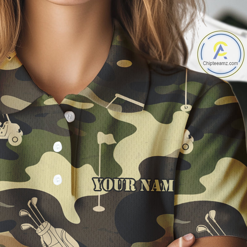 Green Camo Womens Golf Polo Shirts Custom Golf Attire For Ladies, Personalized Golfer Gifts NBT626